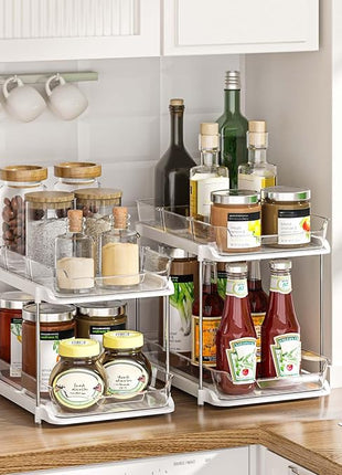 Delamu 2-Tier Multi-Purpose Bathroom Under Sink Organizers and Storage, Stackable Kitchen Pantry Organization, Pull Out Medicine Cabinet Organizer with Movable Dividers, White, 4Pack