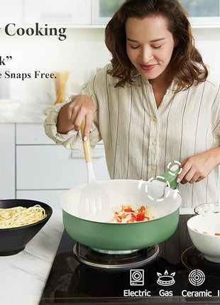 Ceramic Nonstick Cookware Set, Healthy,Non Toxic,17-Pieces Pots and Pans Set Removable Handles,Induction RV Kitchen Set,Stain & Scratch-resistant,Dishwasher/Oven Safe,PFAS/PFOA Free,Green