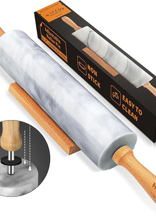 Walfos Marble Rolling Pin With Wooden Handles & Wood Cradle, 16.5 Inch Marble Rolling Pins For Making Pizza Dough And Tortillas, Dough Roller For Pie Crust, Cookie, Pasta (Gray & White)