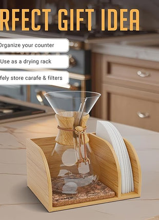 HEXNUB – Caddy for Pour Over Coffee Maker, Bamboo Stand fits Chemex, Bodum, Cosori Coffee Carafes, Heatproof Mat, Filter Holder for Drip Coffee Maker - Cork Mat