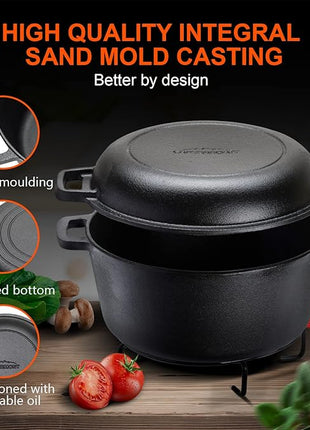 Overmont 2 in 1 Pre Seasoned Dutch Oven with Skillet Lid for Induction, Electric, Grill, Stovetop, BBQ, Camping (5 Quart)