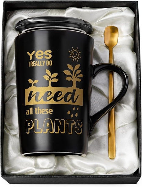 Crazy Gardening Gifts for Women Men - Plant Lover Gift Coffee Mug, Garden Gifts for Gardeners, Plant Lady, Mom, Dad, Son, 14oz Black Ceramic Mug with Gold Print, Lid, Spoon Card, Luxury Gift Boxed