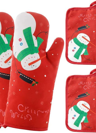 Oven Mitts and Potholders BBQ Gloves-Oven Mitts and Pot Holders with Recycled Infill Silicone Non-Slip Cooking Gloves for Cooking Baking Grilling (4-Piece Set) (Red Christmas Snow)