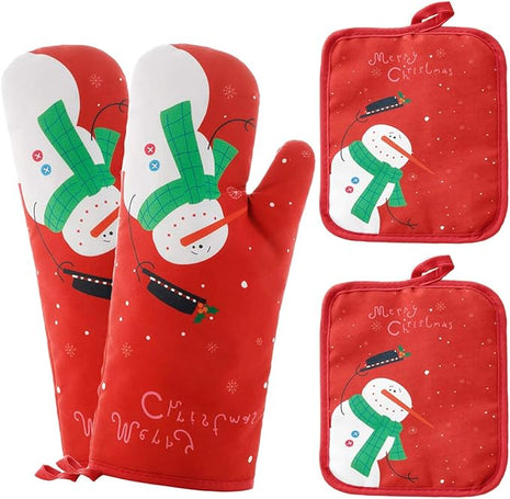 Oven Mitts and Potholders BBQ Gloves-Oven Mitts and Pot Holders with Recycled Infill Silicone Non-Slip Cooking Gloves for Cooking Baking Grilling (4-Piece Set) (Red Christmas Snow)