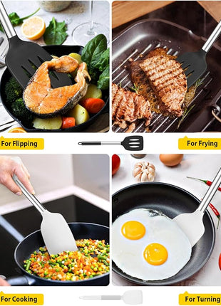 Pack of 2 Silicone Solid Turner, Non Stick Slotted Kitchen Spatulas, High Heat Resistant BPA Free Cooking Utensils, Ideal Cookware for Fish, Eggs, Pancakes(Black-White)
