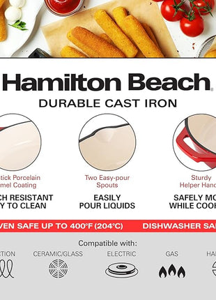 Hamilton Beach Enameled Cast Iron Fry Pan 12-Inch Red, Cream Enamel Coating, Skillet Pan for Stove Top and Oven