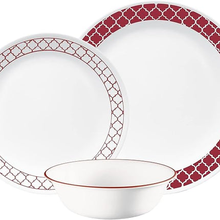 Corelle Dinnerware Set (12pc Set, Crimson Trellis)-Dinner Set for 4 4 x: Dinner Plates, Side Plates & Bowls 3 X More Durable, Half The Space & Weight of Ceramic up to 80% Recycled Glass, 1147166