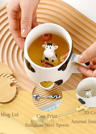 BigNoseDeer Cute Ceramic Cow Mug with 3D Cow Inside,Cow Print Coffee Mug,Cute Mugs with Lid Spoon,Cute Stuff Cool stuff Birthday Gifts Anime Gifts for Women Girlfrend Kids13oz