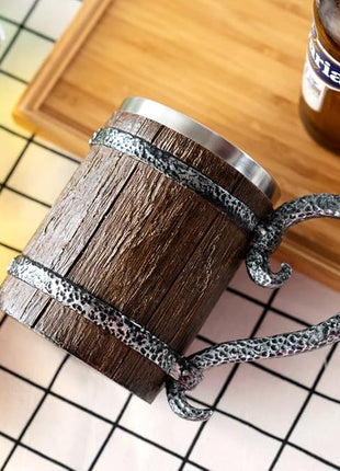 Arola Handmade Wooden Barrel Beer Mug, Stainless Steel Vintage Beer Cup, Medieval Drinkware Mug for Coffee/Beverage/Juice17oz Gift for Men.