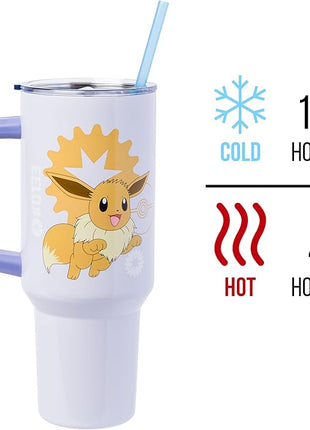 Silver Buffalo Pokémon Stainless Steel Tumbler with Handle Featuring Eevee, Fits in Standard Cup Holder, 40 Ounces