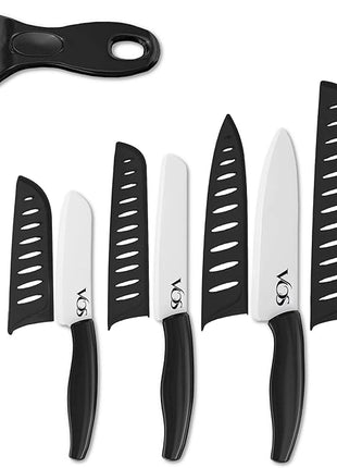 Vos Ceramic Knife with Peeler, Knives Set For Kitchen, Ultra Sharp Kitchen Knife Set with Covers, 4" 5" 6" 7" 8" Paring, Chef Knife, Santoku & 2 more, Lightweight, Dishwasher safe (Black)