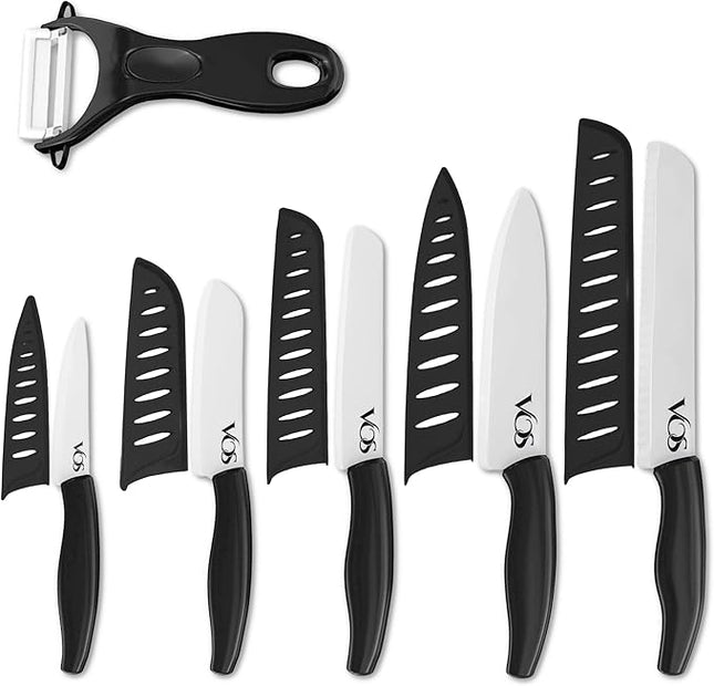 Vos Ceramic Knife with Peeler, Knives Set For Kitchen, Ultra Sharp Kitchen Knife Set with Covers, 4" 5" 6" 7" 8" Paring, Chef Knife, Santoku & 2 more, Lightweight, Dishwasher safe (Black)