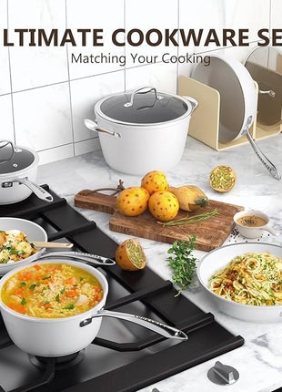 COOKSMARK Nonstick Ceramic Cookware Set, Induction & Dishwasher Safe Scratch-Resistant Pots and Pans Set with Glass Lids 10 Pieces, White