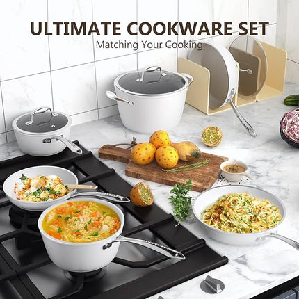 COOKSMARK Nonstick Ceramic Cookware Set, Induction & Dishwasher Safe Scratch-Resistant Pots and Pans Set with Glass Lids 10 Pieces, White