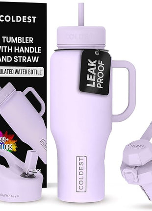 Coldest Tumbler with Handle and Straw - 100% Leak Proof Insulated Tumbler with Lid and Straw (3 Lids) - Stainless Steel Tumblers for Women & Men - Cup Holder Friendly Base, 36 oz (Lilac Blue)