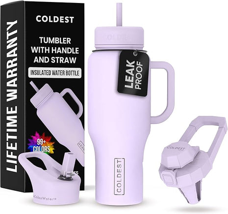 Coldest Tumbler with Handle and Straw - 100% Leak Proof Insulated Tumbler with Lid and Straw (3 Lids) - Stainless Steel Tumblers for Women & Men - Cup Holder Friendly Base, 36 oz (Lilac Blue)