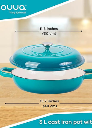 Cast Iron Dutch Oven with Lid – Non Stick Shallow Dutch Oven Pot, Oven Safe up to 500° F – Sturdy Cooking Pot – Enamelled Stockpot Cookware – Teal, 3.7-Quart, 30cm – by Nuovva