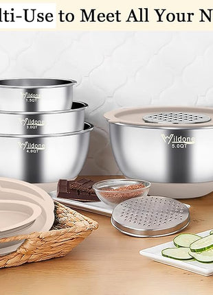 Wildone Mixing Bowls with Airtight Lids, 22 PCS Stainless Steel Nesting Bowls, with 3 Grater Attachments, Scale Marks & Non-Slip Bottom, Size 5, 4, 3, 2,1.5, 0.63QT, Ideal for Mixing & Prepping