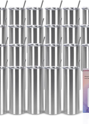 24 Pack 20 Oz Stainless Steel Straight Tumblers, Insulated Slim Skinny Travel Cup Set, BPA-Free Lids and Straws Included, Silver