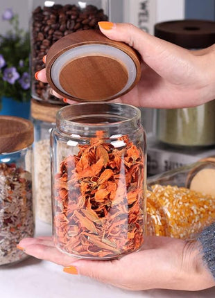 SAIOOL Stackable Kitchen Canisters Set of 8,High Borosilicate Glass Cylinder Airtight Food Storage, sort out the tea, flour, candies, grain easily and clearly