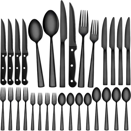 CEKEE 24 Piece Silverware Set for 4 With Steak Knives, Stainless Steel Black Flatware, Utensils, Tableware Cutlery for Home & Kitchen, Hand Wash Recommended