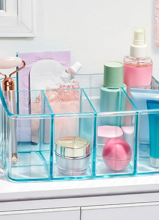 STORi 5-Compartment Plastic Organizer, Ocean Mist, Rectangular Divided Makeup and Vanity Storage Bin and Office Desk Caddy, Scalloped Wall Design, Made in USA