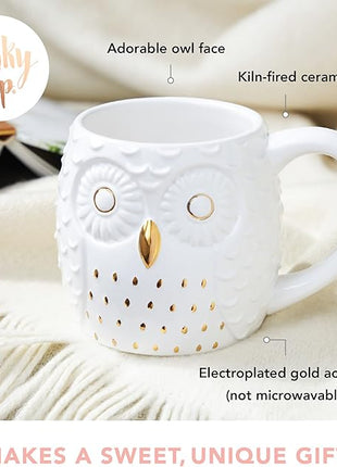 Pinky Up Olivia Owl Mug, Cute Mugs for Women, Tea Tumbler Cup, Tea Accessory Gifts, Owl Design, White and Gold, 16oz