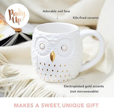Pinky Up Olivia Owl Mug, Cute Mugs for Women, Tea Tumbler Cup, Tea Accessory Gifts, Owl Design, White and Gold, 16oz