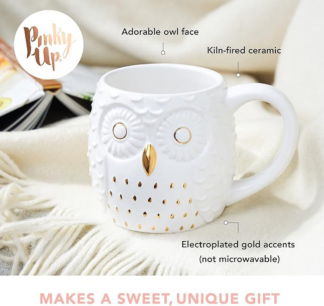Pinky Up Olivia Owl Mug, Cute Mugs for Women, Tea Tumbler Cup, Tea Accessory Gifts, Owl Design, White and Gold, 16oz
