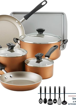Farberware Cookstart DiamondMax Nonstick Cookware/Pots and Pans Set, Dishwasher Safe, Includes Baking Pan and Cooking Tools, 15 Piece - Copper