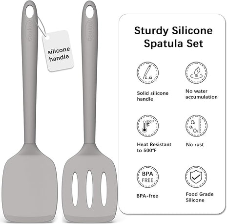 Coukre 2 Pack Silicone Spatula Set, High Heat Resistant, BPA Free Kitchen Spatula, Solid & Slotted Turner for Non-Stick Pans, Sautéing, and Flipping (2, PureGray)