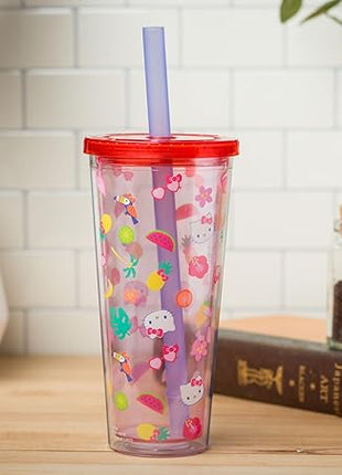 Silver Buffalo Sanrio Hello Kitty Tropical Summer Plastic Boba Tumbler with Lid and Wide Straw, 24 Ounces