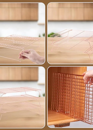 Cooling Rack for Baking 3 Tiers, 16" x 10" Cookie Cooling Wire Rack Stackable Collapsible Nonstick, Stainless Steel Baking Cooking Cooling Racks with Optimum Air Flow, Rose Gold