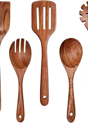 Wooden Spoons for Cooking Non-Stick Kitchen Pan Toolset 5 PCS Set,Natural Kitchen Utensils Spatula, Wooden Cooking Utensils Spoons, Fried Spatula and Salad Fork, Pasta Spoon, Wooden Spoon Set