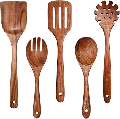 Wooden Spoons for Cooking Non-Stick Kitchen Pan Toolset 5 PCS Set,Natural Kitchen Utensils Spatula, Wooden Cooking Utensils Spoons, Fried Spatula and Salad Fork, Pasta Spoon, Wooden Spoon Set