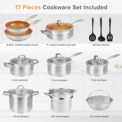 Duxtop 17PC Professional Stainless Steel Induction Cookware Set, Stainless Steel Ceramic Nonstick Pan Set, Impact-bonded Technology, FUSION Titanium Reinforced Ceramic Coating, Copper