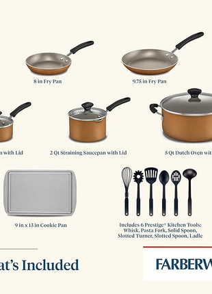 Farberware Cookstart DiamondMax Nonstick Cookware/Pots and Pans Set, Dishwasher Safe, Includes Baking Pan and Cooking Tools, 15 Piece - Copper