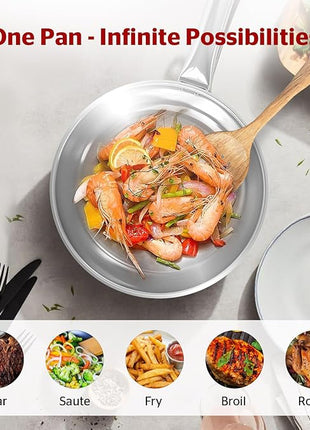 Sunhouse 9 Inch Tri-Ply Stainless Steel Frying Pan, Whole-Clad No Coatings Skillet with Stay-cool Handle for Cooking, Durable & Oven Safe to 500°F, Dishwasher Safe, Compatible with All Cooktops