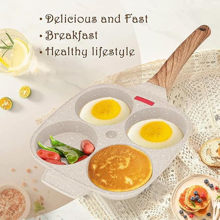 Egg Pan, Egg Frying Pan with Lid Nonstick 4 Cups Pancake Pan Fried Egg Pan for Breakfast, Gas Stove & Induction Compatible (White)