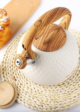 BELANKO 2.7 Quart Tea Kettle for Stovetop - Food Grade Stainless Steel with Diamond Texture, Designer Teapot Look, Cool-Touch Wood Pattern Handle, Whistling Spout - Milk White