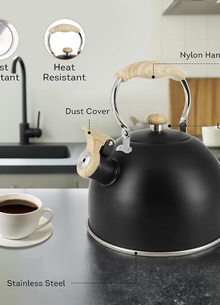 Lily's Home Whistling Tea Kettle, Teapot for Stovetop, Pleasant Whistle Sound, Heat Resistant Plastic Handle – Faux Wood Finish, Non Toxic Stove Kettle for Boiling Water - 2.5 Quarts (Black)