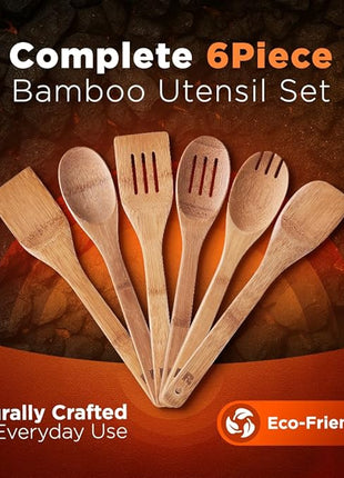 Riveira Dark Bamboo Wooden Spoons for Cooking 6-Piece, Apartment Essentials Wood Spatula Spoon Nonstick Kitchen Utensil Set Premium Quality Housewarming Gifts for Everyday Use