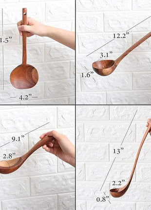 FJNATINH Wooden Soup Ladle Set, Kitchen Spoon Set Utensils, 4 Pcs Handmade Natural Teak Cooking Spoons, Long Handle Wooden Soup Ladle Spoon