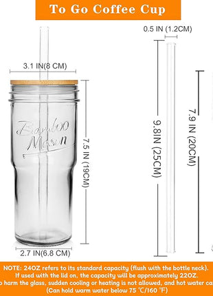 ANOTION Glass Cups with Lids and Straws 4 Packs, 24oz Travel Coffee Mug Bamboo Mason Jar Valentines Party Drinking Jars Glasses Cute Clear Glass Tumbler for Iced Coffee, Smoothie, Tea, Water
