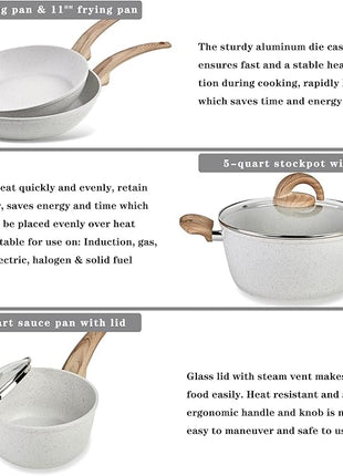 Pink Pots and Pans Set Non Stick, Ceramic Cookware Set with Granite Pattern Kitchen Cooking Sets Induction Pot and Pan w/Frying Pans, Saucepans, Casserole, Non-Toxic, PTFE/PFOA/PFOS-Free