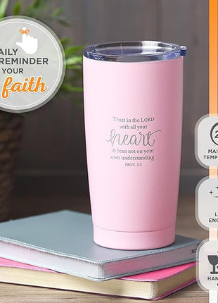 Christian Art Gifts Stainless Steel Double-Wall Vacuum Insulated Travel Mug 18 oz Pink Tumbler with Lid for Women Inspirational Bible Verse - Trust in the Lord - Proverbs 3:5
