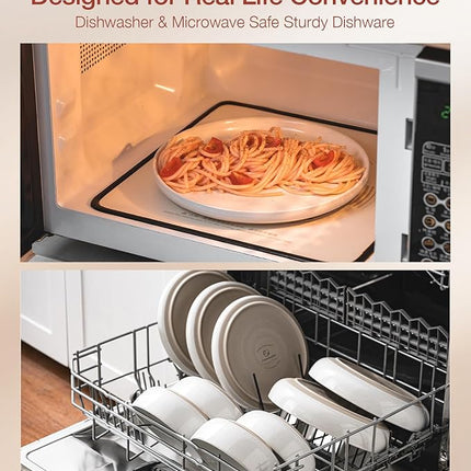 Famiware Milkyway Stoneware Dinnerware Sets with Pasta Bowls, Service for 6 (24 Pieces), Plates and Bowls Sets -Scratch Resistant, Microwave and Dishwasher Safe Dishes Set, White