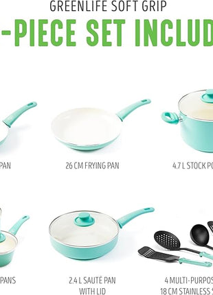 GreenLife Soft Grip Healthy Ceramic Nonstick, 15 Piece Cookware Pots and Pans Set, Induction, PFAS-Free, Dishwasher Safe, Turquoise