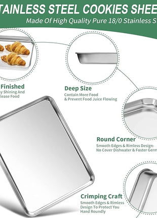 Baking Sheets Set of 2, HKJ Chef Cookie Sheets 2 Pieces & Stainless Steel Baking Pans & Toaster Oven Tray Pans, Rectangle Size 18 x 13 x 1 inch, Non Toxic & Healthy & Easy to Clean