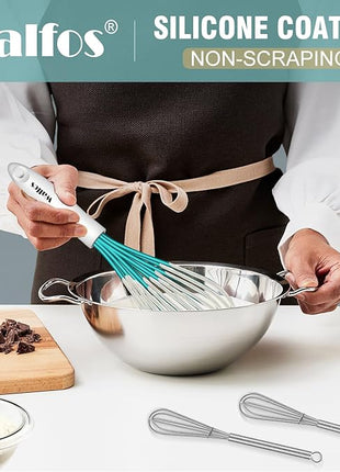 Walfos Whisk,Silicone Whis, Non Scratch Coated Wisking tool silicone set of 5,BPA Free and Heat Resistant 480°F.Premium for Whisking, Blending, Frothing, Beating.(Blue)